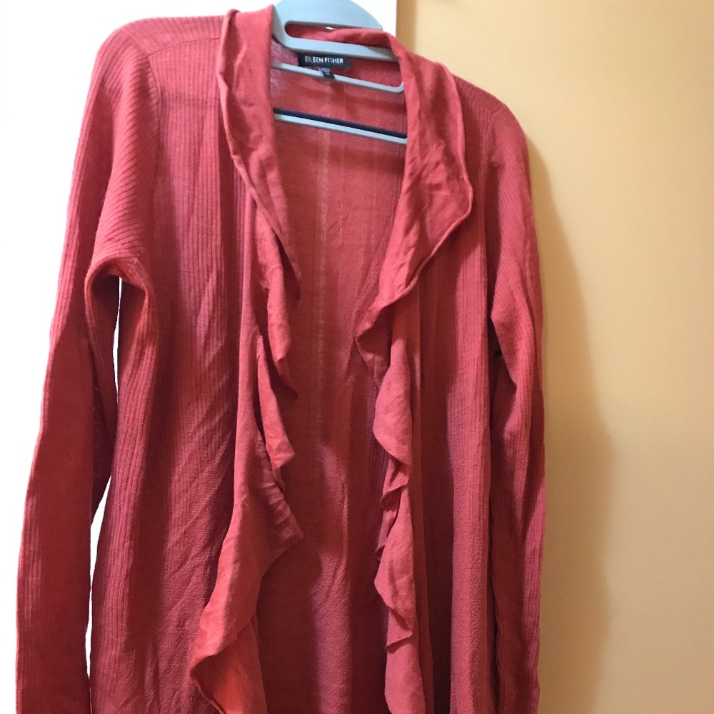Eileen Fisher open weave coral wool blend cardigan Sz M